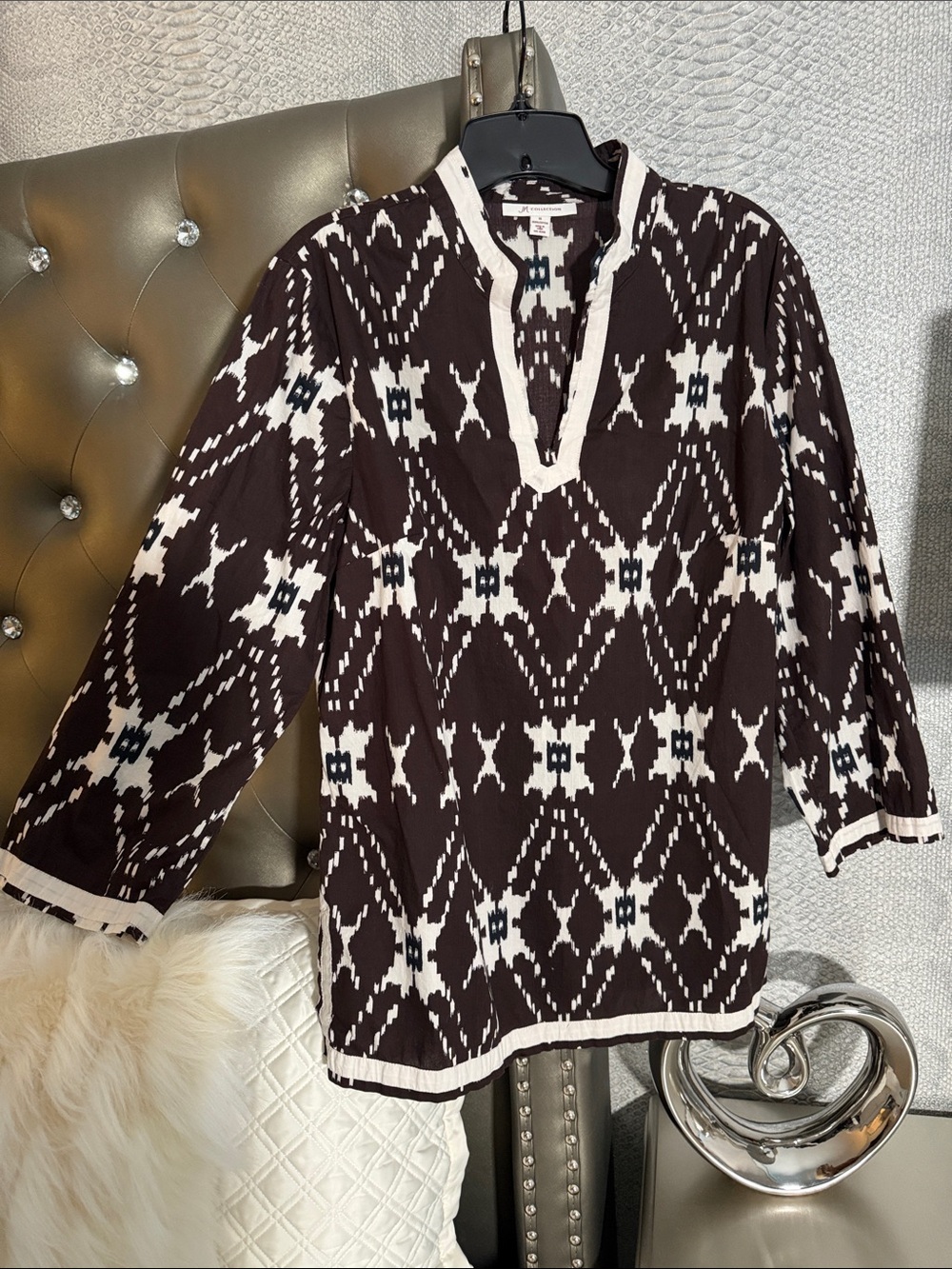 JM Collection Brown & White Ikat Geometric Tunic Blouse - Size 14 (100% Cotton)